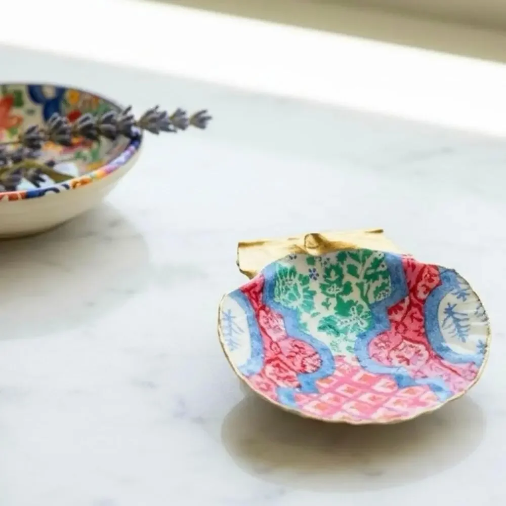 Patchwork Tile Shell Ring Dish Handmade Scallop Trinket Dish Boho Eclectic Decor